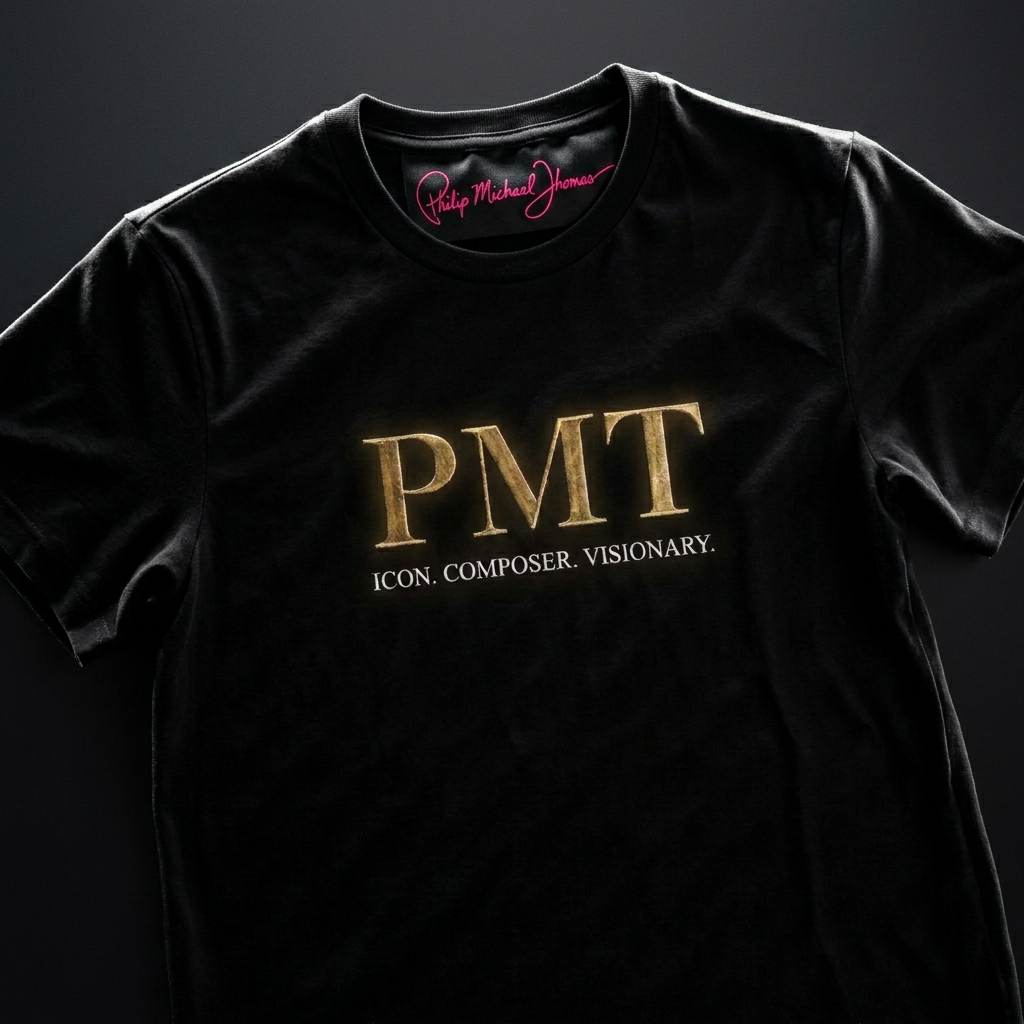 Black PMT Icon Composer Visionary t-shirt with hot pink Philip Michael Thomas signature collar tag