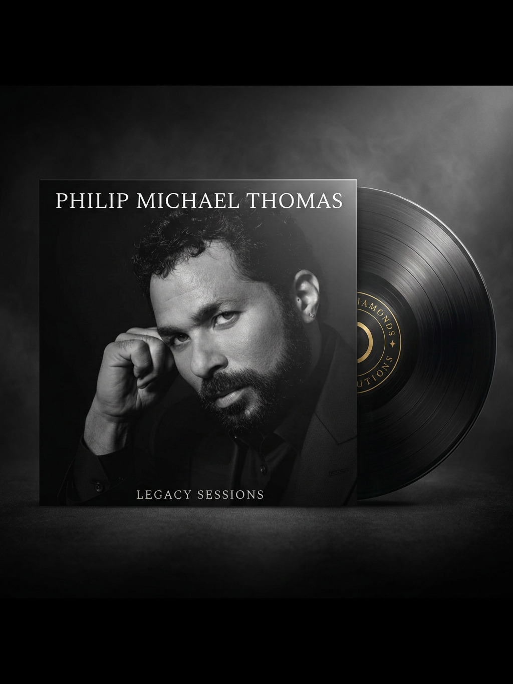 Philip Michael Thomas Legacy Sessions — black and white album cover with vinyl record and Cosmic Diamond label